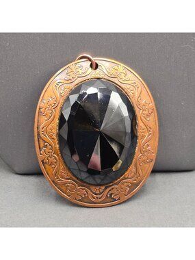Vintage Copper Black Spinel Pendant 2.25" Faceted Ornate Scrollwork Frame